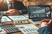 A financial expert discussing project financing with a business client in a professional setting. The scene includes financial charts, documents, and a laptop displaying funding options, symbolizing secure and strategic funding solutions for business growth.